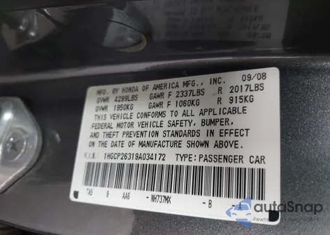 2009 Honda Accord 2.4 Lx z USA, uszkodzony, nr VIN 1HGCP26319A034172
